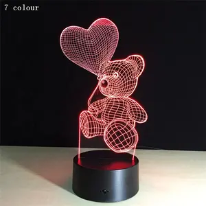 Çok renkli sevgililer günü hediyesi 3D led ayı lambası ayarlanabilir parlaklık 3D Illusion gece lambası