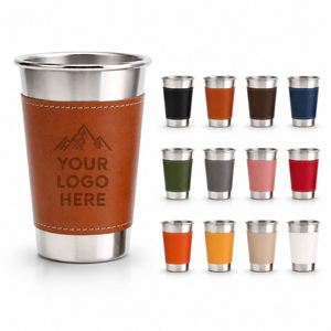 Vaso de Acero Inoxidable Envuelto en Cuero Personalizado, Regalo Corporativo Promocional, Vaso Metálico Reutilizable Portátil para Acampar al Aire Libre - Product Image 1