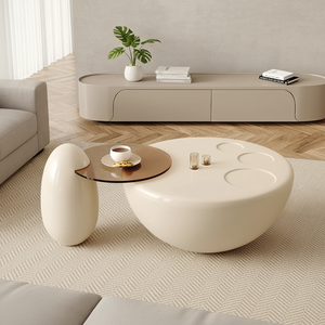 Tavolino da Caffè Rotondo in Vetro Temperato con Struttura in <span class=keywords><strong>Legno</strong></span> e Design a Zampa di Gatto, Stile Moderno Minimalista, Novità 2025, per Soggiorno - Product Image 3