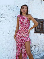 Robe Midi Femme Imprimé Floral, Style Bodycon, Épaules Dénudées, Volants, Fente, Bandage, Tendance Vacances