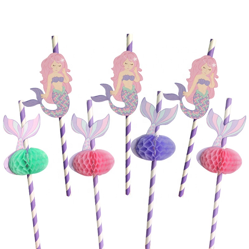 Wholesale Party Decoration Mermaid Honeycomb Striped Paper Straws Environmentally Birthday Baby Shower Party Trendy Decoration