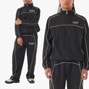 Corta-vento de nylon com logotipo personalizado, roupa de corrida vintage de duas peças, conjunto de jaqueta com zíper completo e faixa de tubulação