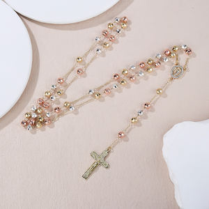 사용자 정의 금도금 묵주 구슬 가톨릭 종교 십자가 목걸이 방수 공 구슬 지르콘 돌 기독교 묵주 - Product Image 3