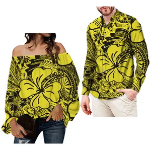노란색 여성 탑 블라우스 플러스 사이즈 긴 소매 경기 남성 셔츠 전통적인 꽃 하와이 폴리네시아 커플 의류