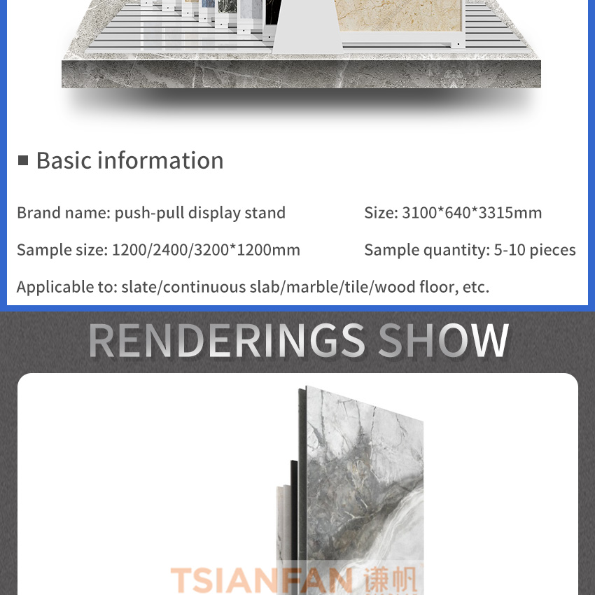 Tsianfan Custom Extendable Rail Displays Stand Tile Sample Rack Granite Display Showroom Marble Large Quartz Sliding Porcelain