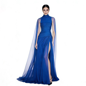 Robes pour femmes <span class=keywords><strong>Bleu</strong></span> royal Col montant Sans manches Cape transparente Plissée Fente haute Ajustée Élégante Formelle Maxi Robes pour femmes - Product Image 1