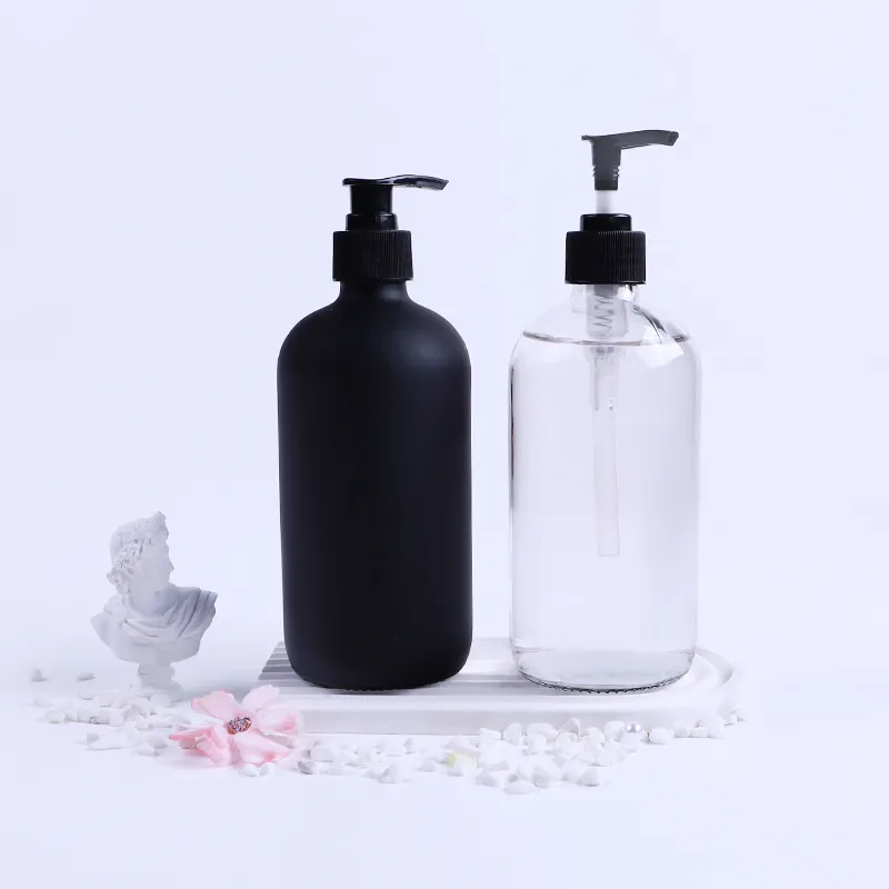 16oz boston round glass shampoo bottle customized colors with black plastic pump head