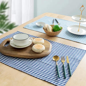 Manteles individuales de algodón estilo japonés de 40x60 cm, rectangulares, con diseño a cuadros azules para uso en la mesa del hogar. - Product Image 1