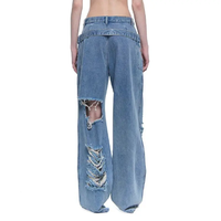 Haute qualité Baggy jambe droite Double ceinture Vintage lavé bleu singe lavé en détresse trous Denim pantalon femmes jean