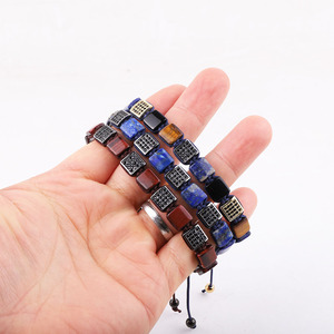 Bracelet d'<span class=keywords><strong>amitié</strong></span> tressé pour homme avec pierres naturelles œil <span class=keywords><strong>de</strong></span> tigre et <span class=keywords><strong>lapis</strong></span>-<span class=keywords><strong>lazuli</strong></span> <span class=keywords><strong>de</strong></span> forme carrée 8x8mm pour la création <span class=keywords><strong>de</strong></span> bijoux - Product Image 5