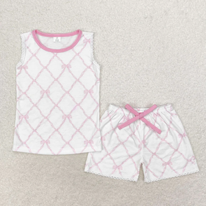 Wholesale Baby Toddler Girls <b>Clothes</b> Pink Bow Print Bamboo Two-piece Sets Romper and Blanket Cute Sister Matching Outfits - Product Image 2