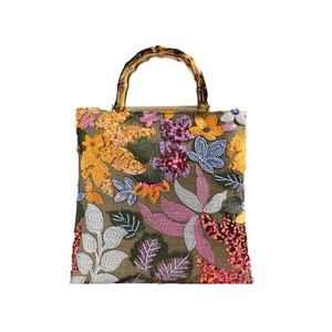 Vintage Fashion <b>Sequin</b> Tote Bag <b>Handbag</b> With Bamboo Handle, Large Capacity Hand Bag Flower Shoulder Bag for Women - Product Image 2