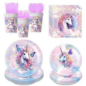 Assiettes en papier jetables numérotées, motif Papillon Licorne, personnalisées pour la fête prénatale et les anniversaires d'enfants, articles de décoration très demandés - Product Image 2
