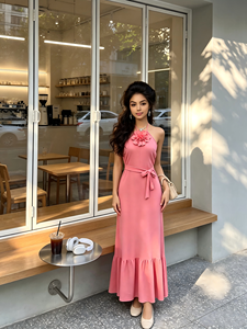 <span class=keywords><strong>Vestido</strong></span> de satén elegante y sexy con tirantes florales y cinturón, estilo cola de pez, para verano 2026, venta al por mayor transfronteriza para boutiques. - Product Image 3