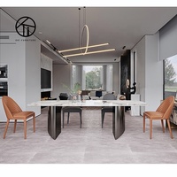 Ensemble de table à manger rectangulaire de luxe contemporain en marbre et ardoise pour 6 personnes, base semi-cylindrique en acier inoxydable pour hôtel, villa