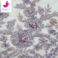 HY1707 terbaru Perancis ungu pengantin mewah Tangan 3d payet bunga kain renda renda renda tulle renda