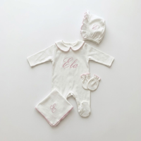 Ensemble de vêtements pour nouveau-né en coton Pima, broderie, vêtements pour bébé nouveau-né, chapeau assorti à volants, bavoir et barboteuse