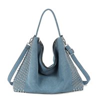 Sac fourre-tout en jean clouté style punk euro-américain avec fermeture éclair, rivets, finition délavée et vieillie, grande capacité, en polyester durable