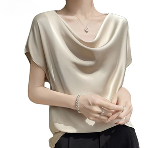 Blusa de Satén con Cuello Drapeado para Mujer, Manga Corta, Color Sólido, Corte Holgado, Elegante, para Oficina - Product Image 1