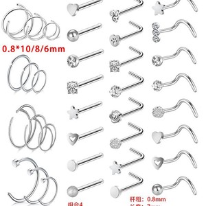 Stainless Steel <b>Nose</b> Ring Set Heart Shape <b>Studs</b> And Hoops For Piercing Jewelry Gift 0.8x8mm Geometric Design - Product Image 2