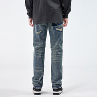 Jean Rétro Déchiré YUANBOFEI pour Homme – Pantalon Slim Droit Tendance avec Broderies Personnalisées et Patchs Effilochés
