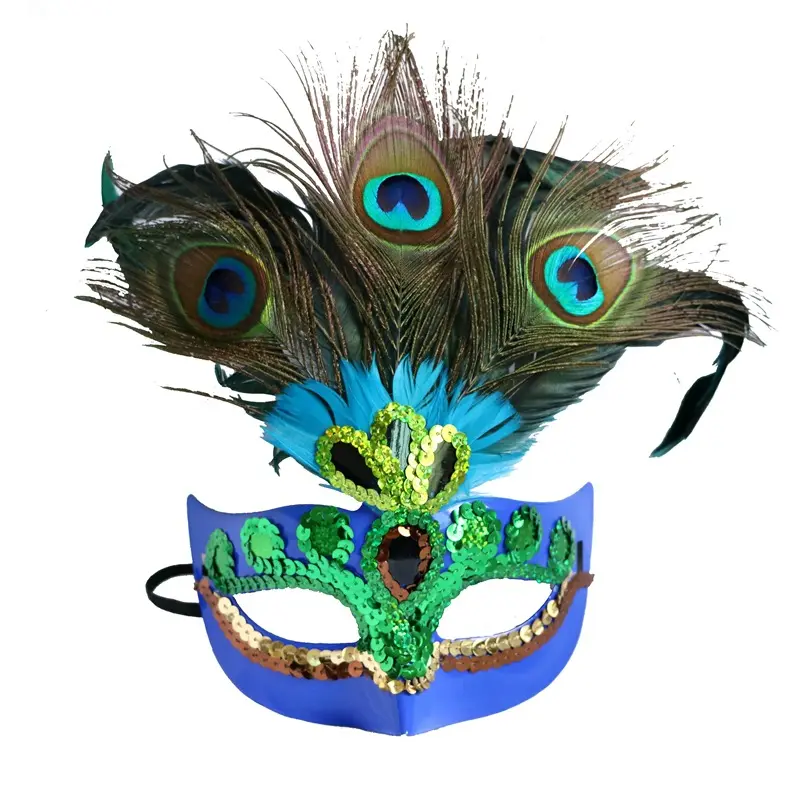 Mascarilla de plumas azules para fiesta, máscara barata de plumas rojas y azules, producto en oferta