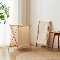 Panier à linge pliable CF en toile crème avec étagère inférieure et support en bambou – Organisateur de vêtements pliable