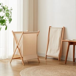 Cesto de <span class=keywords><strong>Ropa</strong></span> Plegable CF con Estructura en X, Bolsa de Lona Crema, Base de Bambú, Organizador de <span class=keywords><strong>Ropa</strong></span> Plegable - Product Image 3