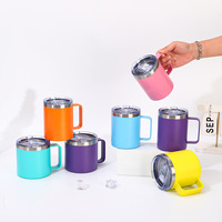 Vente en gros de tasses à café et à bière en acier inoxydable à double paroi isolées sous vide avec logo personnalisé, 12 et 14 oz, avec poignée et couvercle, pour les voyages et le camping