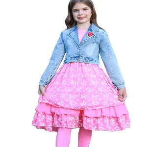 Осенний комплект для девочек, новое модное джинсовое пальто для девочек, платье с длинным рукавом, комплект из трех предметов