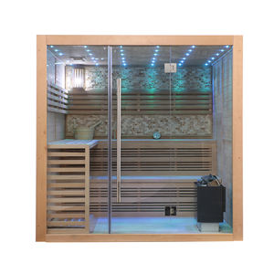 Sauna <span class=keywords><strong>en</strong></span> <span class=keywords><strong>bois</strong></span> massif pour 8 personnes au design moderne et luxueux avec <span class=keywords><strong>douche</strong></span> à vapeur humide, alimenté à l'énergie <span class=keywords><strong>solaire</strong></span>, garantie de 2 ans Idealsauna IDS-003A3 - Product Image 1