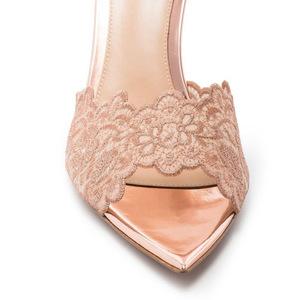 Mules à talon aiguille pointu pour femme, en dentelle, couleur champagne, à bride unique, sandales tendance à enfiler - Product Image 1