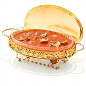 EffiQ-Rate Réchaud ovale 3 Qt avec bac en verre, en acier inoxydable doré, pour tablettes de combustible solide, idéal pour buffets, réceptions et traiteur - Product Image 1