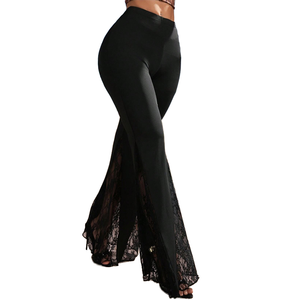 Women's High Waist Flare <b>Pants</b> Full Length Lace Panel Skinny Fit Solid Black Breathable Club Style Summer Wear - Product Image 1