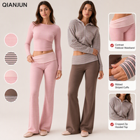 Ensemble de yoga rayé pour femme : haut à manches longues et pantalon évasé à taille repliable – Tenue décontractée de sport et de détente – Ropa Deportiva Mujer