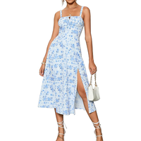 Oem Customize Robe à fente florale et à lacets pour femmes, robe fluide pour fête d'invités de mariage, robe de plage d'été à bretelles