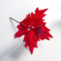Fleur de Noël rouge artificielle avec feuilles artificielles poudrées, fournitures de Noël, décoration de sapin de Noël