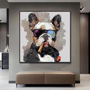 Peint à la main acrylique 100% moderne <span class=keywords><strong>toile</strong></span> Pop Art Animal Graffiti bouledogue <span class=keywords><strong>patron</strong></span> portant des lunettes de soleil encadré prêt accrocher décoration murale - Product Image 3