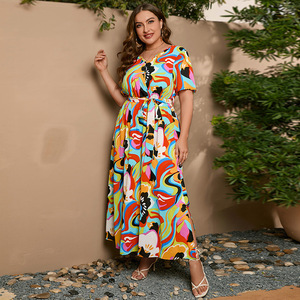 Femmes Été Mode Volants Rouge Salle <span class=keywords><strong>de</strong></span> Bal Peplum <span class=keywords><strong>Robe</strong></span> Col V Manches Courtes <span class=keywords><strong>Plus</strong></span> Size Chiffon Grosses Robes - Product Image 5