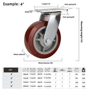 Rote Hochleistungs-Schwerkraft-Schwenk räder 6 8-Zoll-Pu-Rollen rad mit Bremse Kunden spezifisches industrielles Kugellager Hoch leistungs rollen - Product Image 5