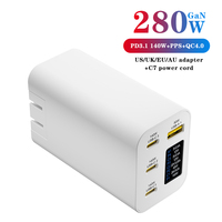 Chargeur 280 W 3 USB-C et 1 USB-A GaN, compatible avec les chargeurs GaN EU, US, AUS et UK, sortie 3 * PD140W