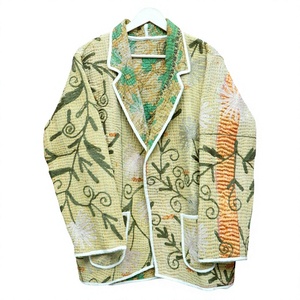 Wooden Block Craft India Hand Embroidered Kantha Quilted Winter Jacket <b>Women</b> Reversible Floral Patchwork Cotton Beige Green <b>Coat</b> - Product Image 1