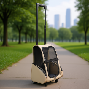 Sac à dos de transport pour animaux de compagnie avec roulettes, en polyester beige, fermeture éclair semi-circulaire, pour petits animaux - Product Image 2