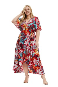 Abito a maniche corte con scollo a V di <span class=keywords><strong>moda</strong></span> di nuova stampa da donna taglie forti 2025 con vita legata e gonna irregolare abito Casual - Product Image 4