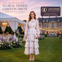 Robe en mousseline florale à col montant, marque privée, usine OEM ODM, avec encolure à volants, jupe à volants, lavande, manches longues, poignets élastiques