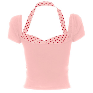 2026 Haut d'été pour <span class=keywords><strong>femme</strong></span> à pois vintage, style rétro, col licou cœur, manches bouffantes, coupe ajustée - Product Image 4