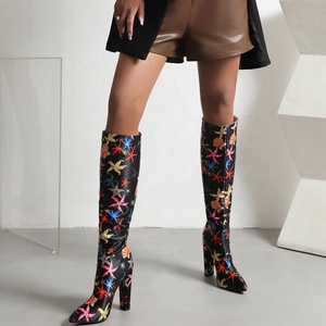 Botas Altas Negras con Estampado Lindo para Mujer, Tacones Cuadrados Altos, Botines Largos por Encima de la Rodilla, Zapatos para Pies Anchos - Product Image 4