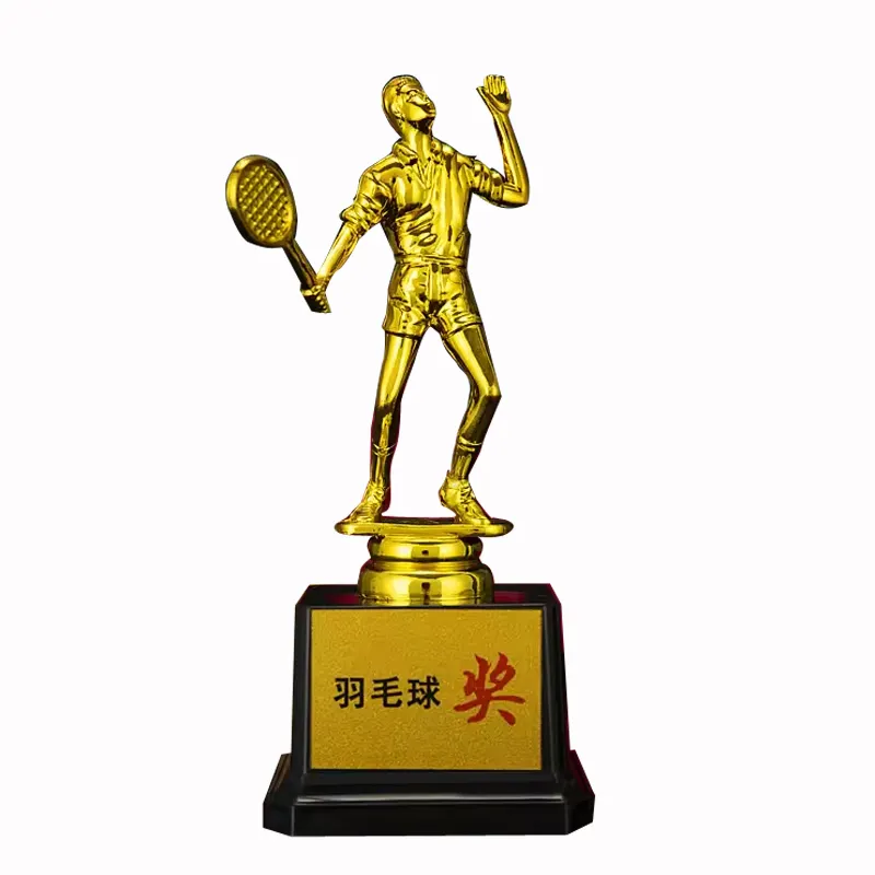 Trophée de sport étudiant en résine plastique personnalisé récompense de raquette de Badminton en or trophée de compétition de basket-ball badminton avec base