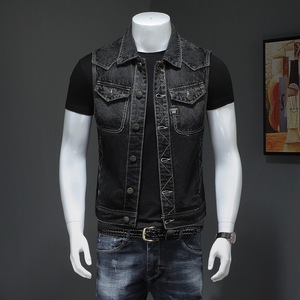 Gilet Casual da <span class=keywords><strong>Uomo</strong></span> Stile Europeo e Americano, Gilet da Motociclista <span class=keywords><strong>Nero</strong></span>, Gilet Senza Maniche in Denim OEM - Product Image 2