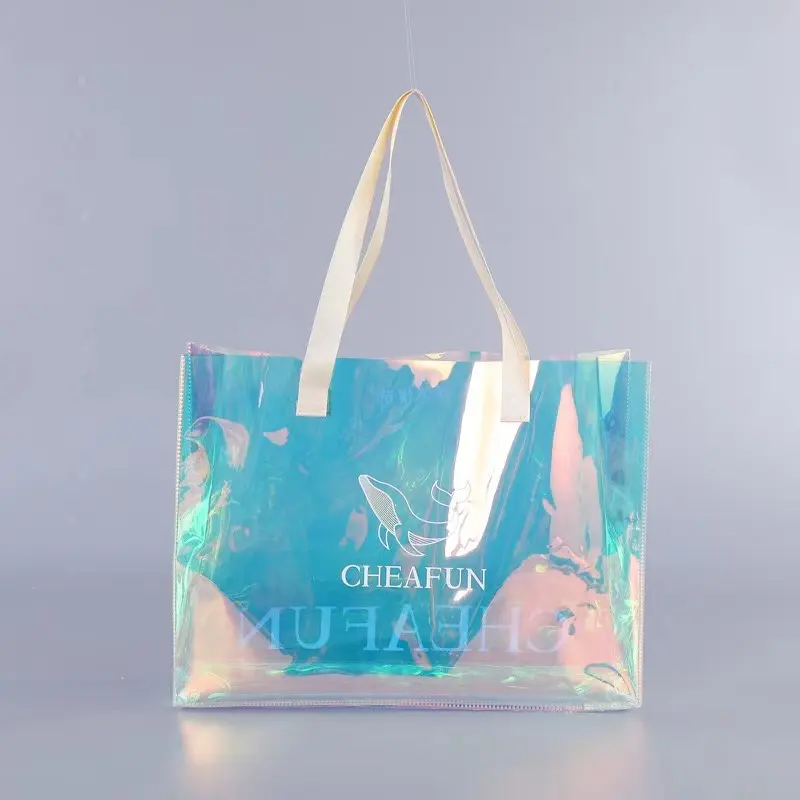 Venta al por mayor, logotipo personalizado, bolsa holográfica, bolsas de Pvc, bolsa transparente